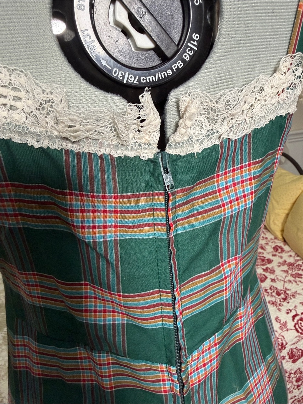 Vintage Green and Pink Plaid Lace-Trim Sundress - Picture 5 of 7